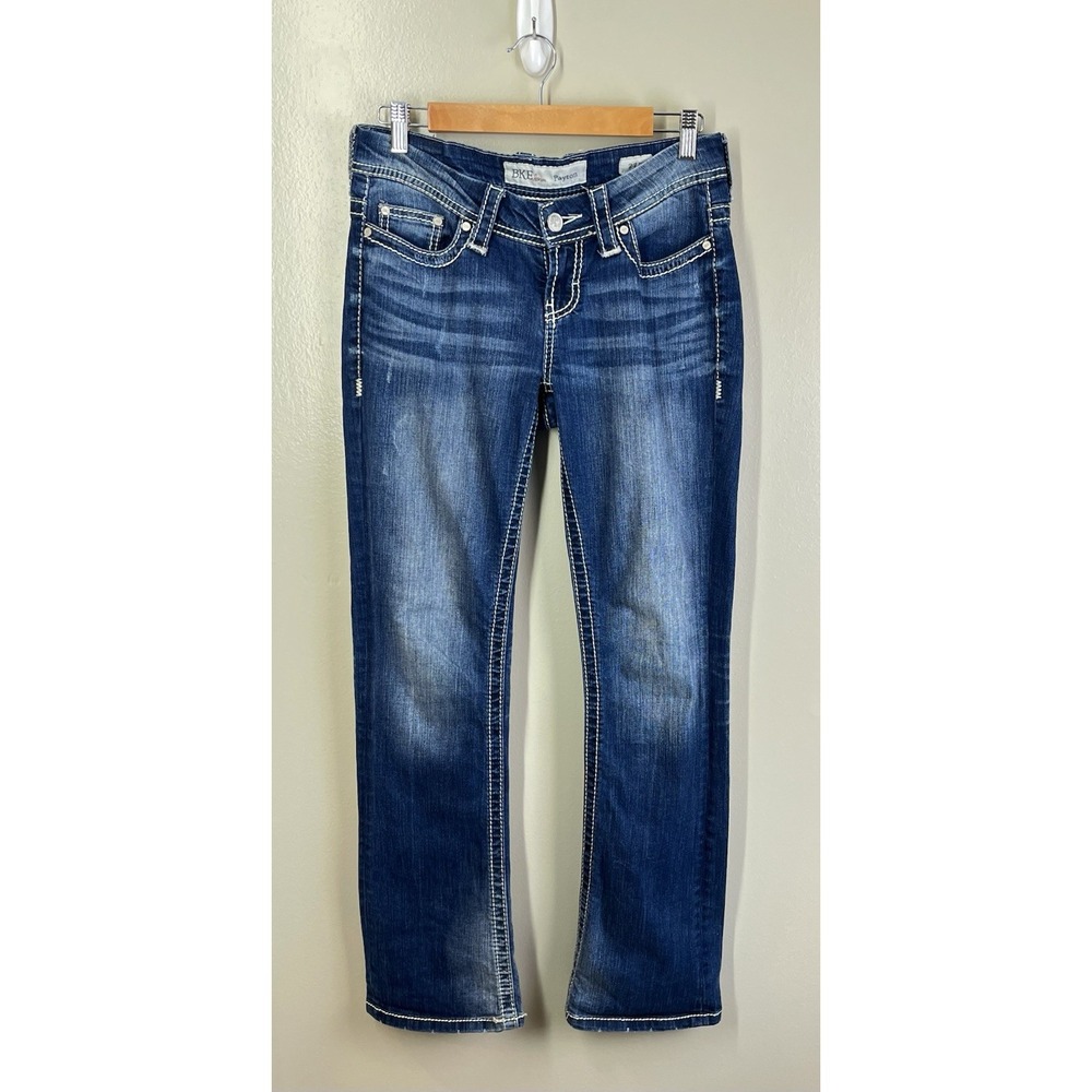 BKE Payton Women's Jeans Bootcut Size 27R X 31 1/2 Blue Distressed Low Rise Y2K